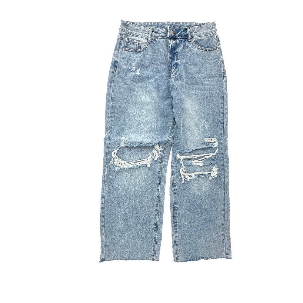Shein Baggy Jeans Womens L Blue‎ Distressed Raw Hem Wide Leg Denim